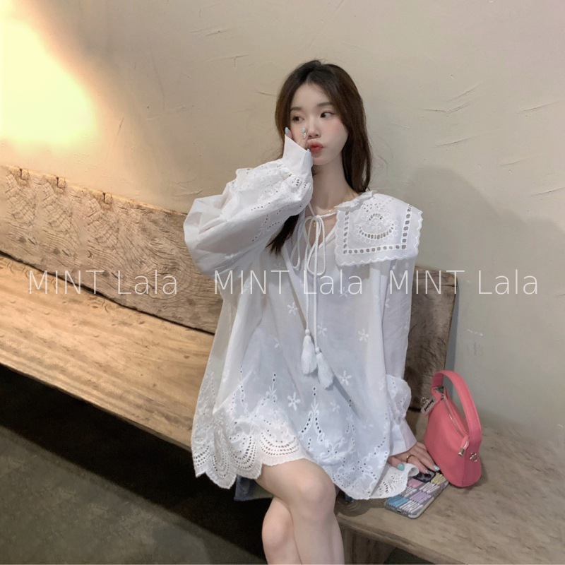 Áo Sơ Mi Trắng Tay Dài Thêu Hoa Phom Rộng Tiểu Thư