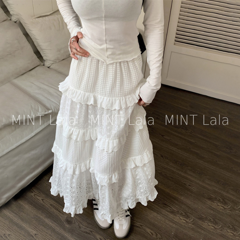Chân Váy Trắng Dài Xòe Tầng Bèo Cao Cấp Kiểu Lolita  - SẴN