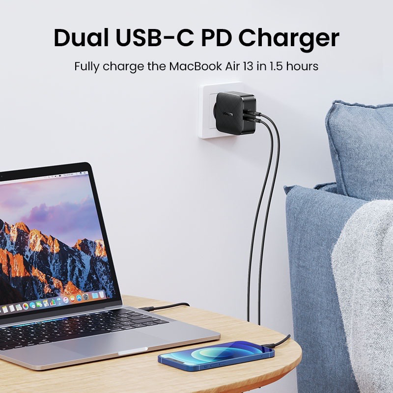 Củ Sạc Nhanh Ugreen 66w, 2 Cổng Usb-C Hỗ Trợ Sạc Nhanh điện thoại , máy tính , laptop