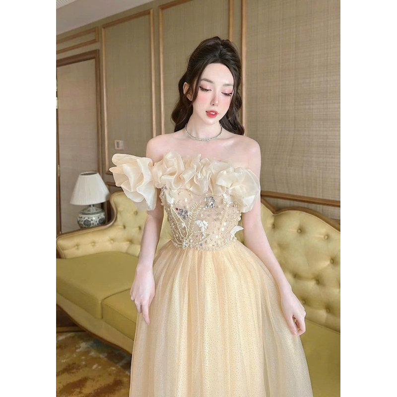 MS1559V ĐẦM XOÈ DÚN BÈO LỆCH VAI full size S/M/L/XL