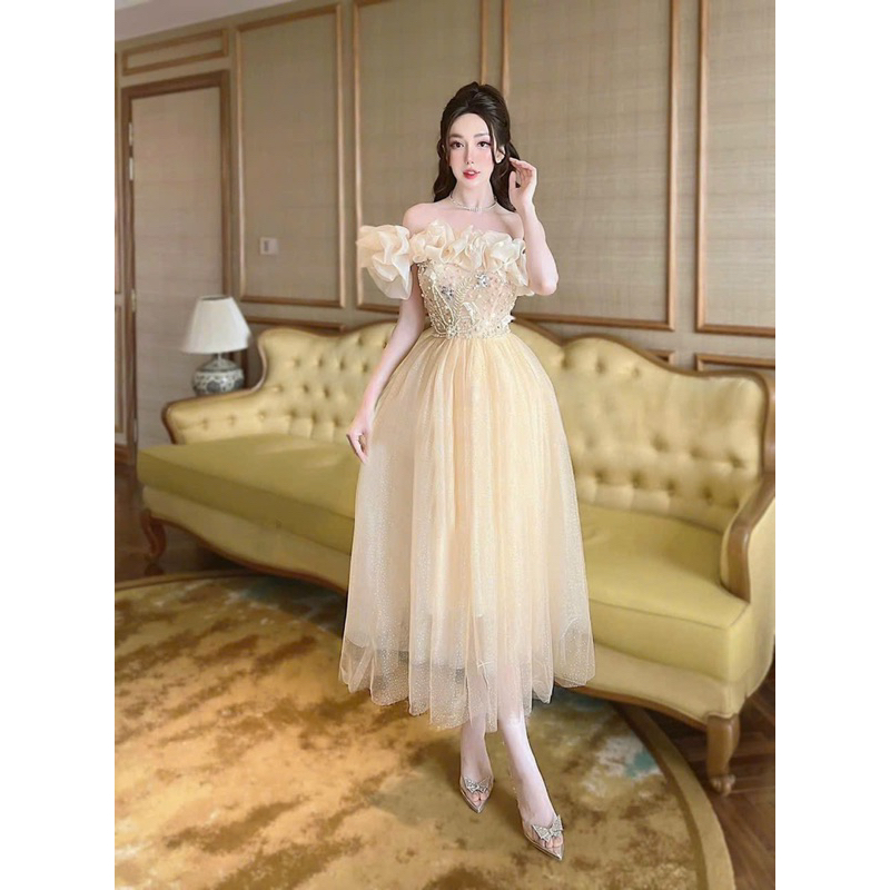 MS1559V ĐẦM XOÈ DÚN BÈO LỆCH VAI full size S/M/L/XL