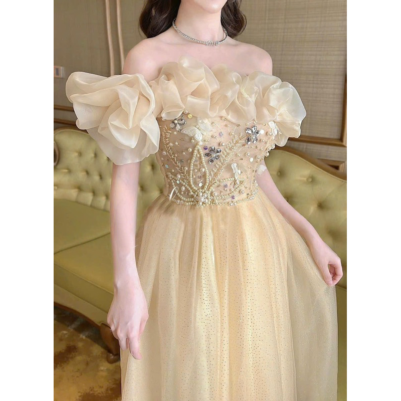 MS1559V ĐẦM XOÈ DÚN BÈO LỆCH VAI full size S/M/L/XL