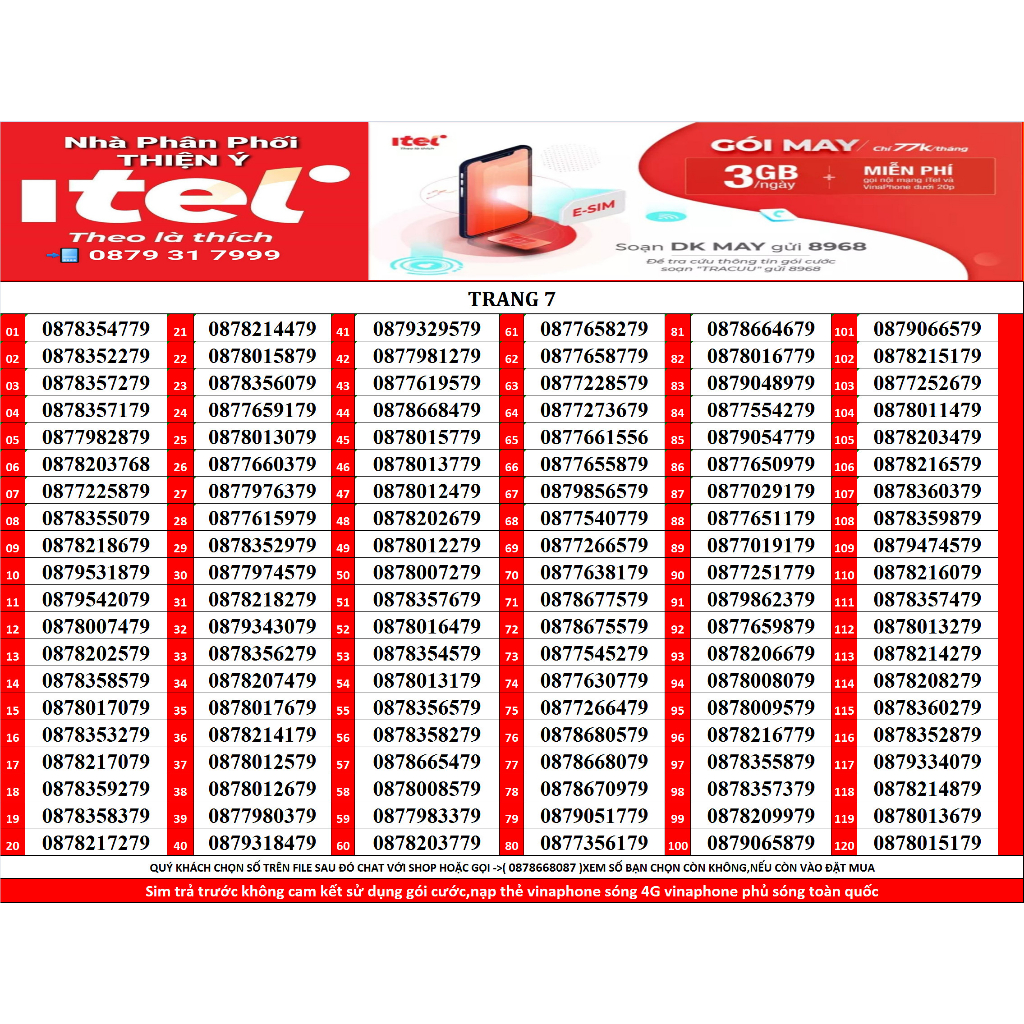 SIM SỐ ĐẸP ITEL GÓI MAY77 120GB/THÁNG GỌI VINAPHONE MIỄN PHÍ