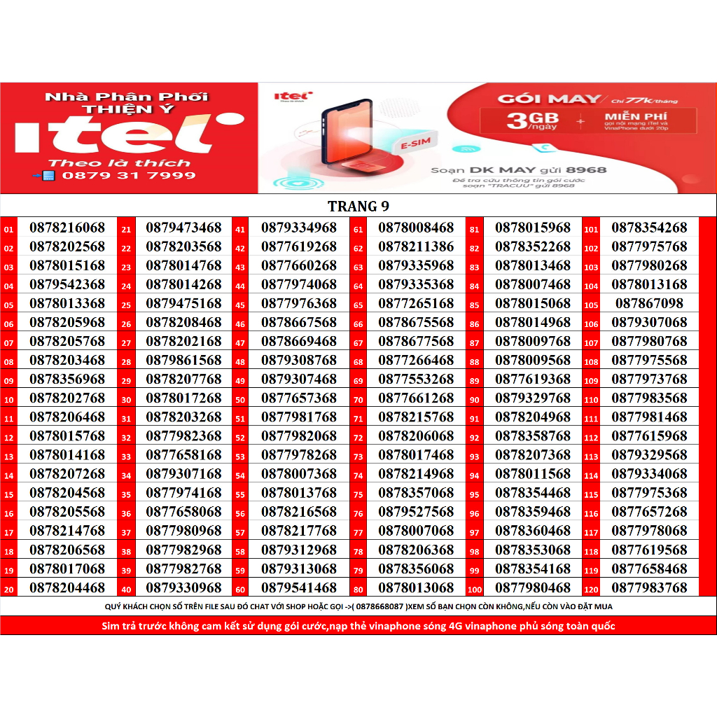 SIM SỐ ĐẸP ITEL GÓI MAY77 120GB/THÁNG GỌI VINAPHONE MIỄN PHÍ