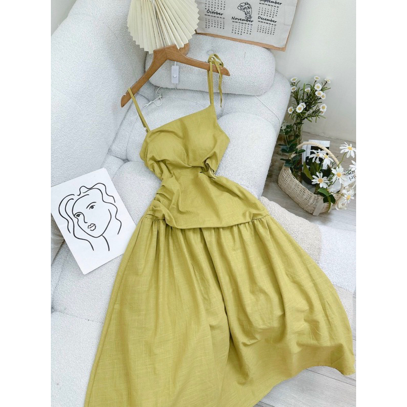Đầm hai dây nơ vai lệch sẵn cúp khoét eo dáng maxi xoè dài nữ tính