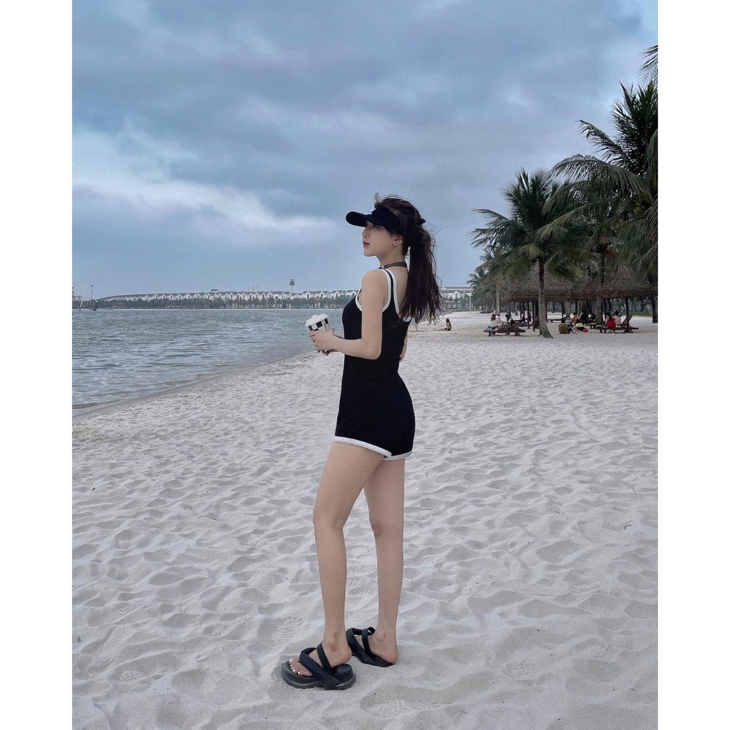 Sét Jumpsuit nữ ba lỗ phối viền form ngắn mix áo khoác sơ mi với 2 tone màu đơn giản diện đi chơi, đi biển siêu xinh
