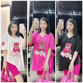 Sét bộ bigsize Hằng Moon, Bộ lửng cotton thêu gấu tay áo cổ tim
