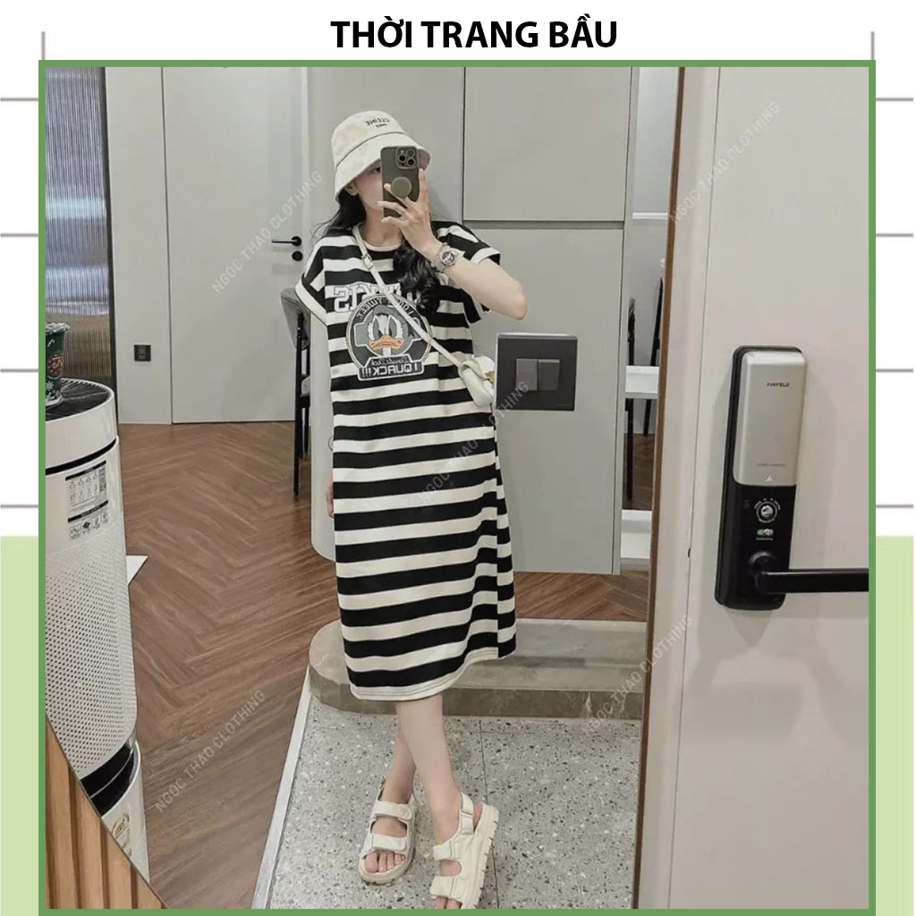 [V387 MẪU HOT] VÁY BẦU CÔNG SỞ THỜI TRANG THIẾT KẾ KẺ NGANG IN HÌNH VỊT DONAN DỄ THƯƠNG CHẤT COTON HÀNG QUẢNG  CHÂU ĐẸP