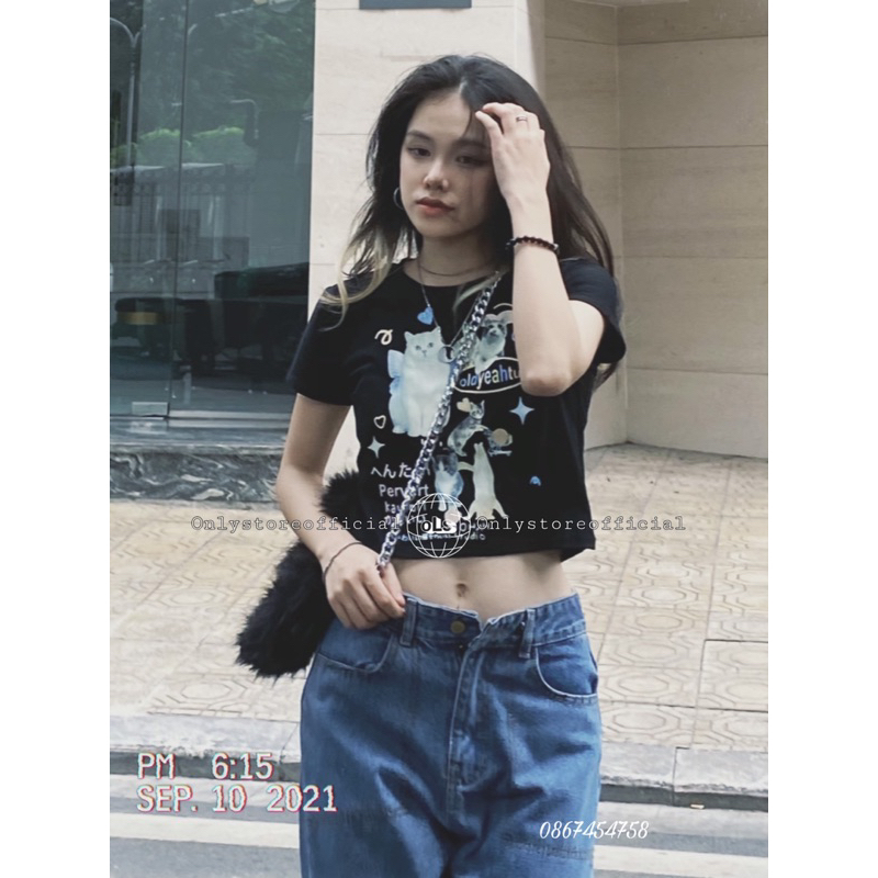 ÁO BABYTEE FORM VỪA TAY NGẮN MÀU ĐEN HOẠ TIẾT CON MÈO CÁ TÍNH Y2K Onlystoreofficial