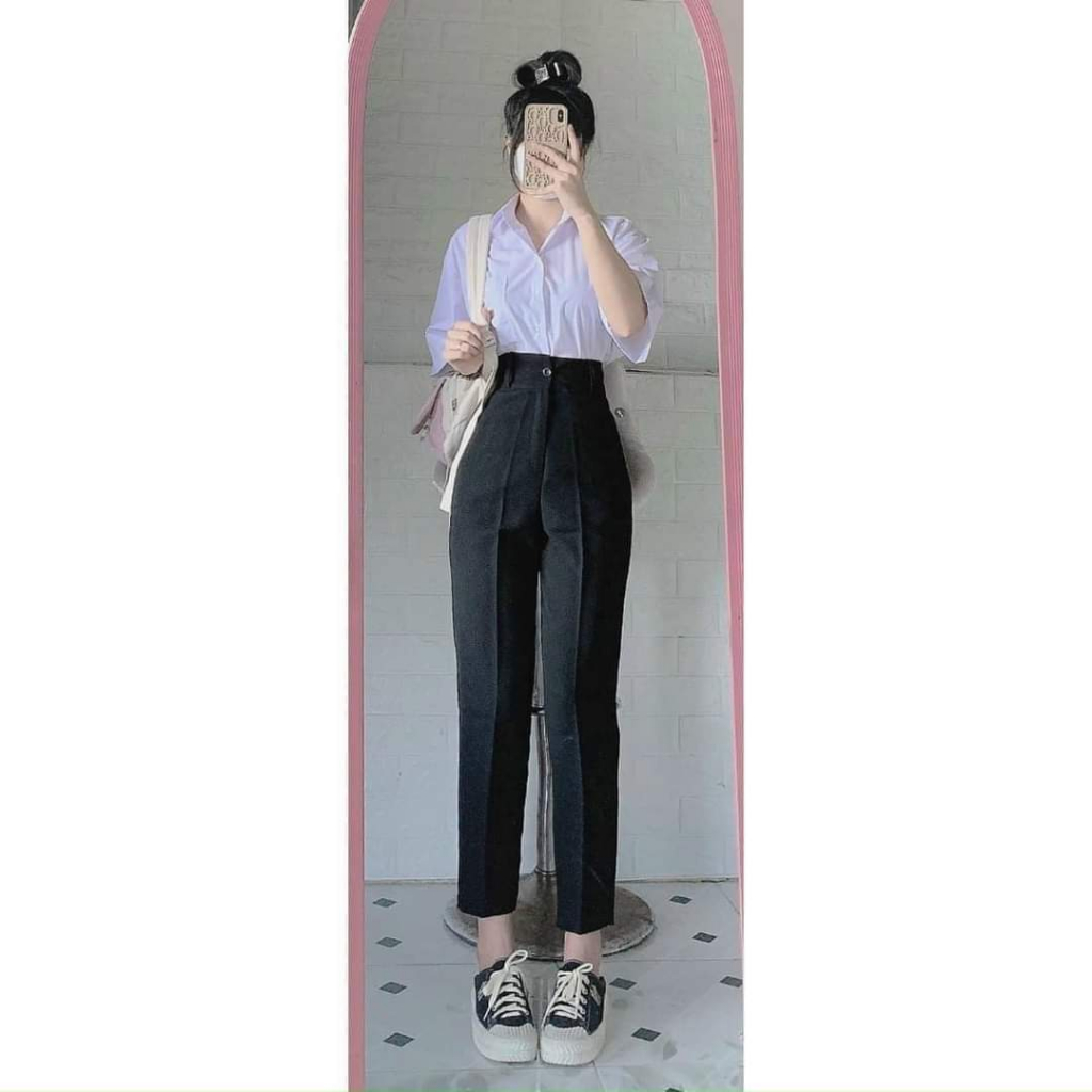 Quần tây nữ đi học 1 nút khuy cúc dọc cài lưng cao dáng quần baggy vải nữ học sinh cấp 3 dày co giãn nhẹ