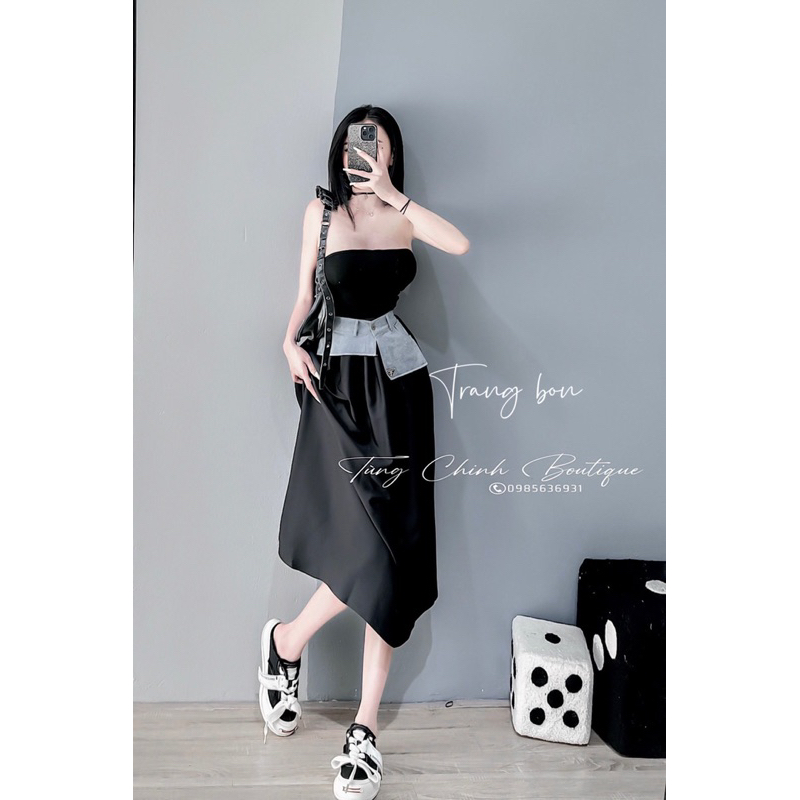 Set đồ nữ áo quây mix chân váy phối viền jean