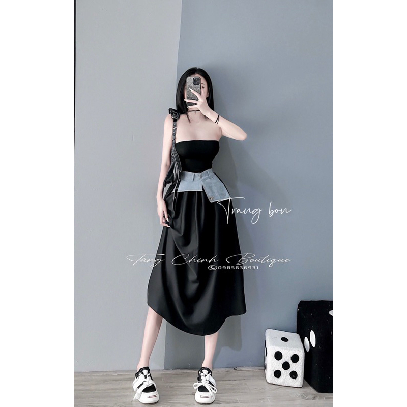 Set đồ nữ áo quây mix chân váy phối viền jean