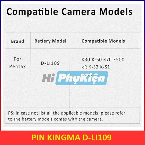 Pin Kingma for Pentax D-Li109 Dli109