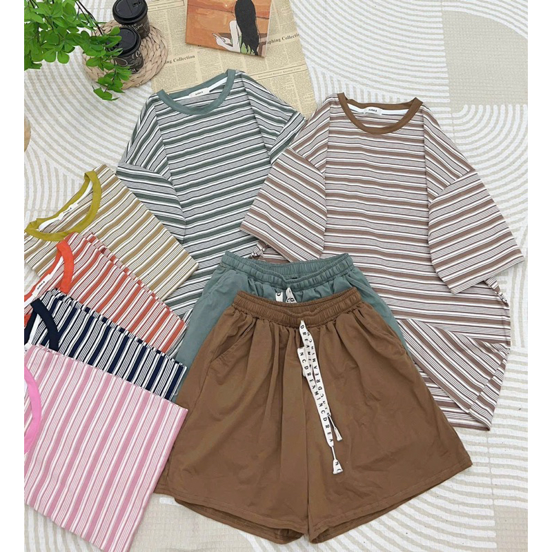 Bộ Cotton Kẻ Ngang Phom Rộng