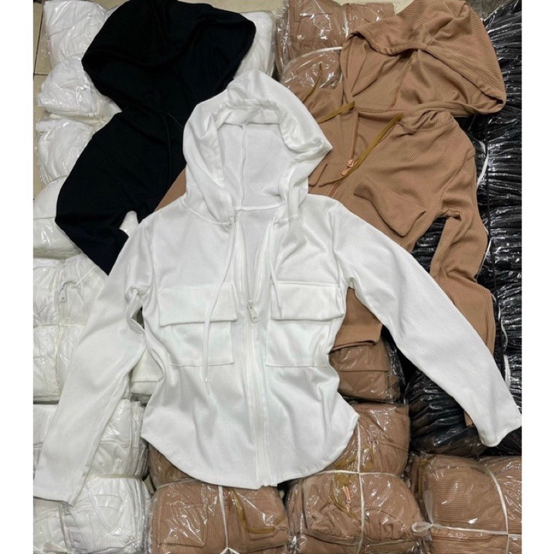 Áo khoác thun gân dài tay có nắp túi mặc bốn năm mùa, gomboutique77  Áo khoác gân tăm ủ kem mỏng nhẹ mát