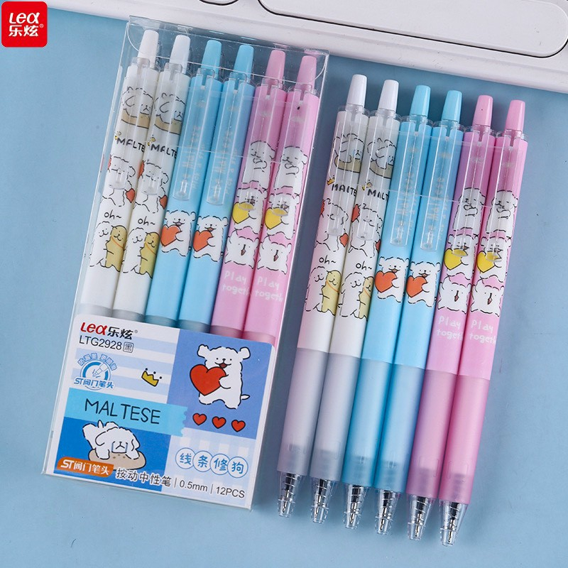 Hộp 12 Cây Viết Gel Bấm Lex  Ngòi 0.5mm Hoạt Tiết Dễ Thương