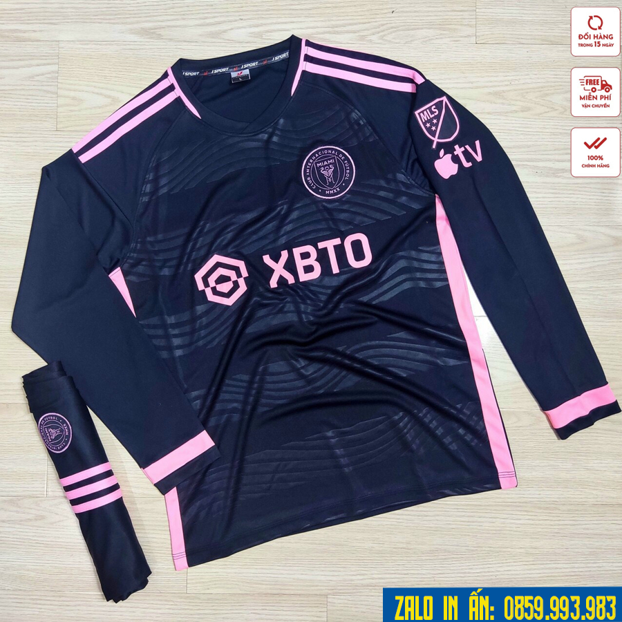Quần áo bóng đá, đồ đá banh CLB Inter Miami Tay Dài Đen Hồng Logo Thêu Vải thun lạnh cao cấp M10
