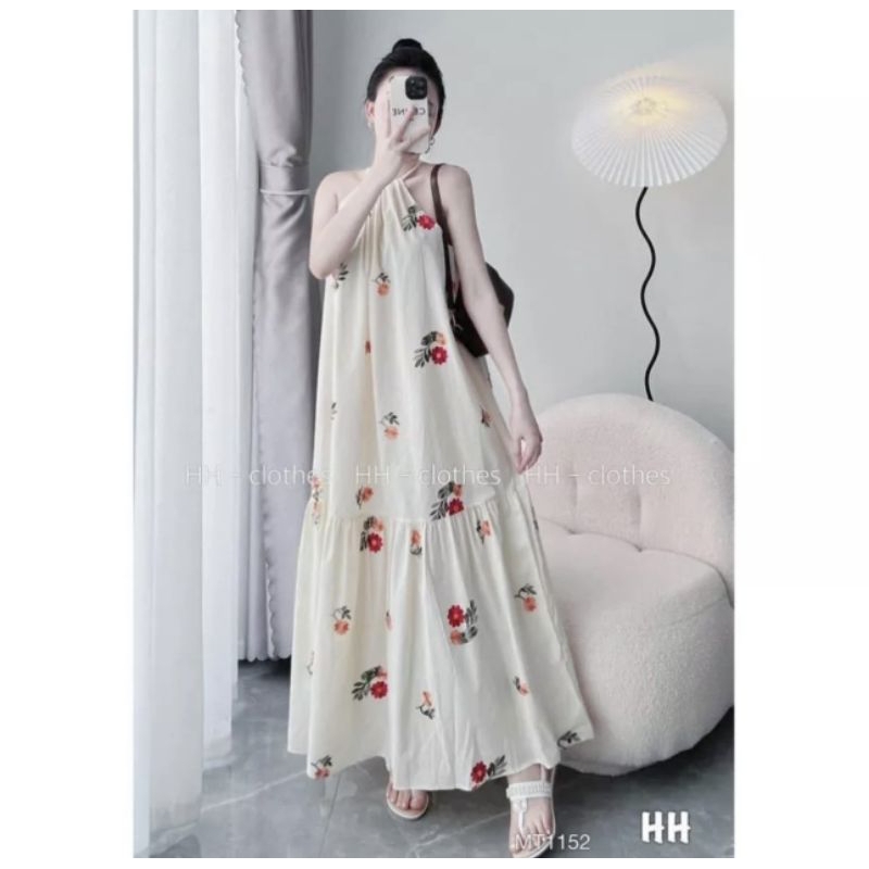 VÁY MAXI SUÔNG ĐŨI CỔ YẾM