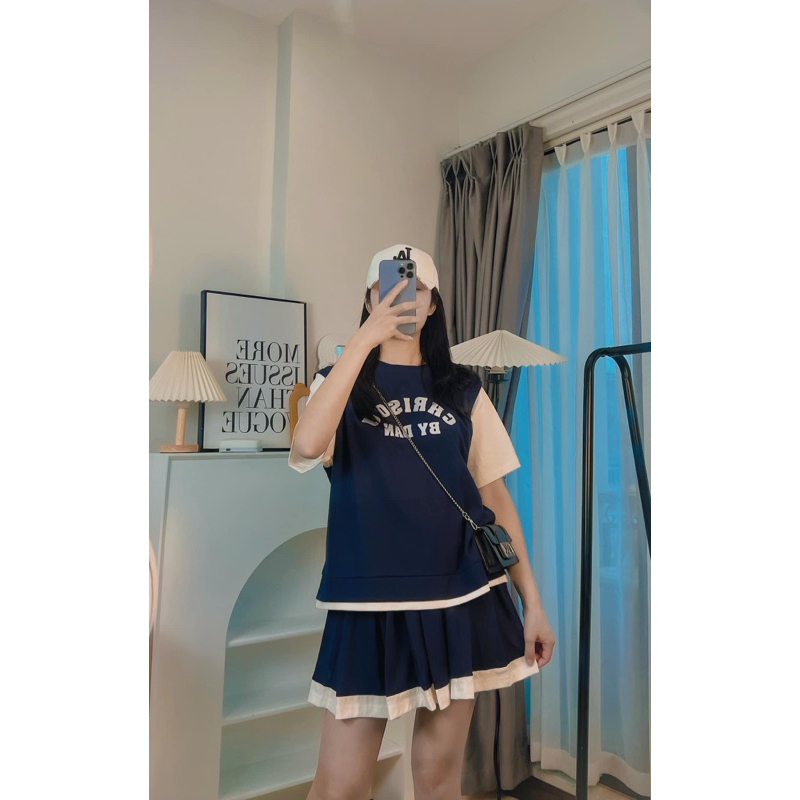 Sét áo than phối tay trắng mix cv xếp ly xoè, trẻ trung năng động chân váy có quần bảo hộ chuẩn loại 1