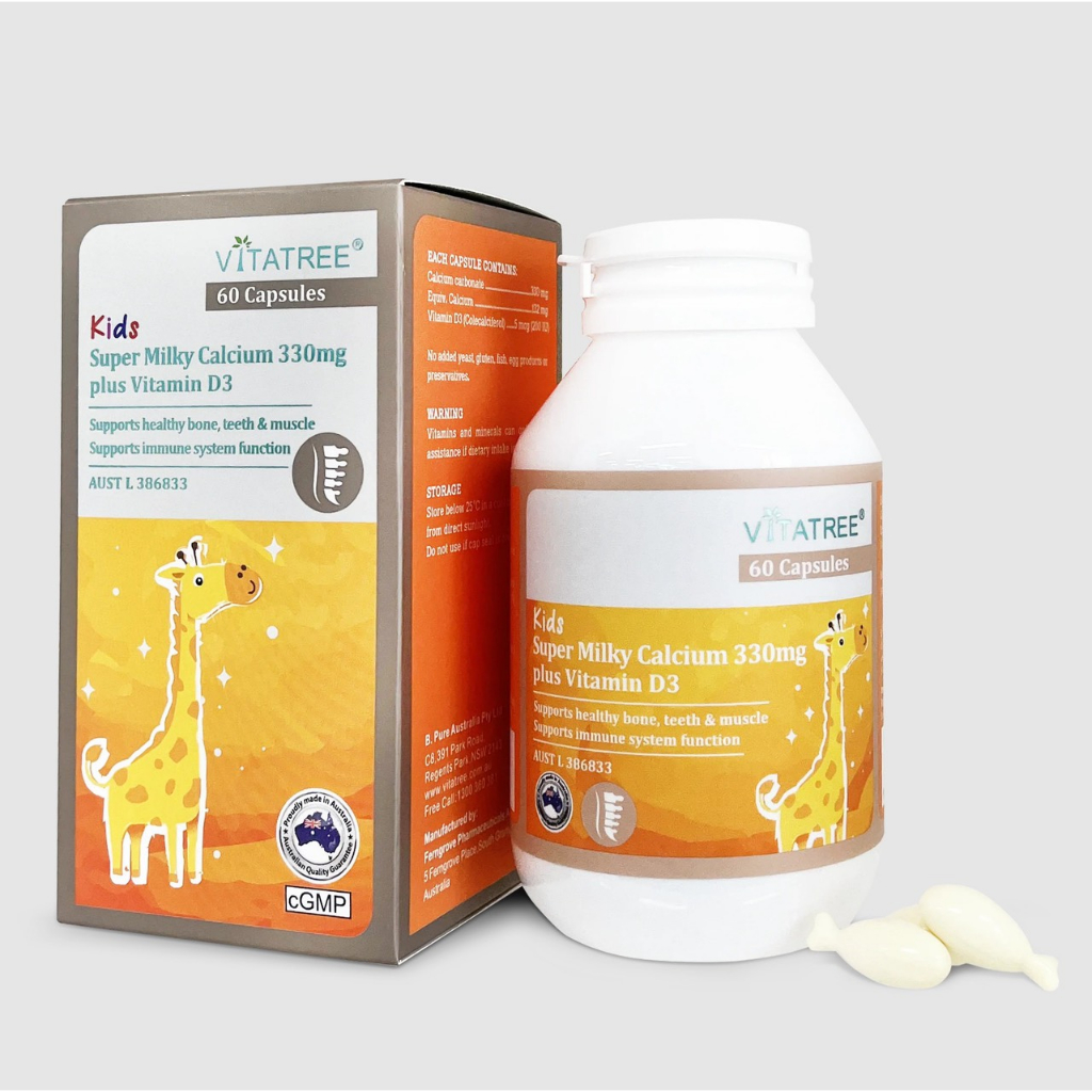 Viên uống bổ sung canxi Vitatree Kids Super Milky Calcium 330mg plus Vitamin D3 60 viên