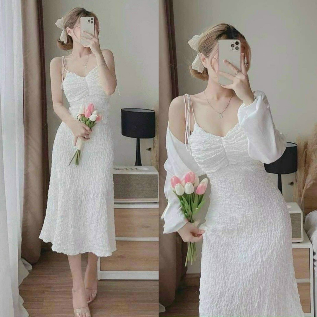 Đầm váy nữ công chúa hai dây dáng midi có lót và mút ngực kèm áo khoác dài tay form ngắn sang chảnh, quyến dũ [878]