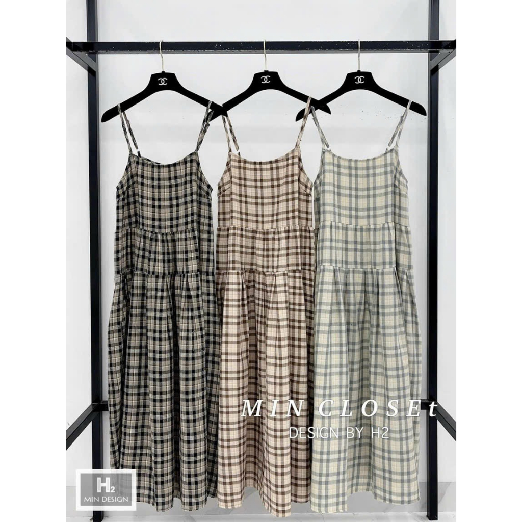 Đầm maxi kẻ, váy babydoll hai dây dáng dài freesize chất thô mềm ba màu trẻ trung