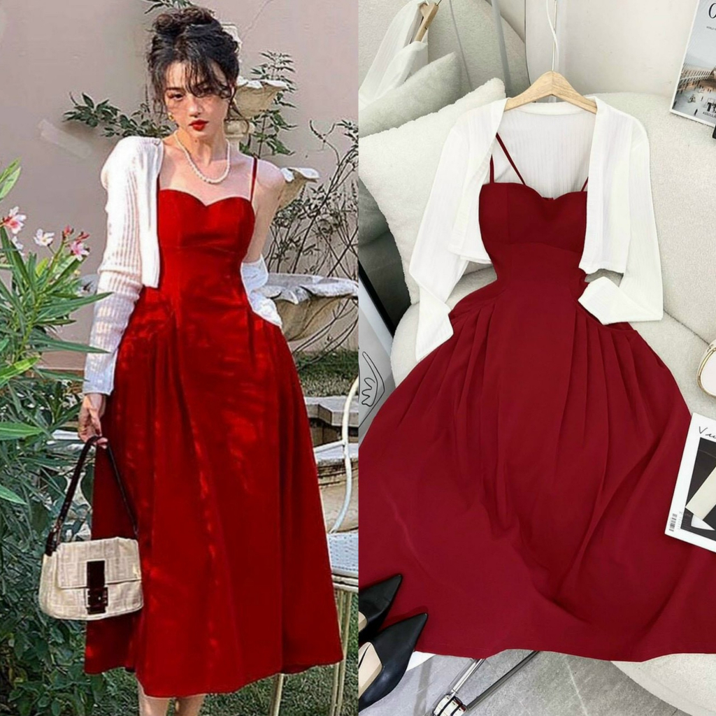 Đầm công chúa dáng xòe midi hai dây kèm khoác dài tay form ngắn phù hợp đi chơi, đi biển [999]
