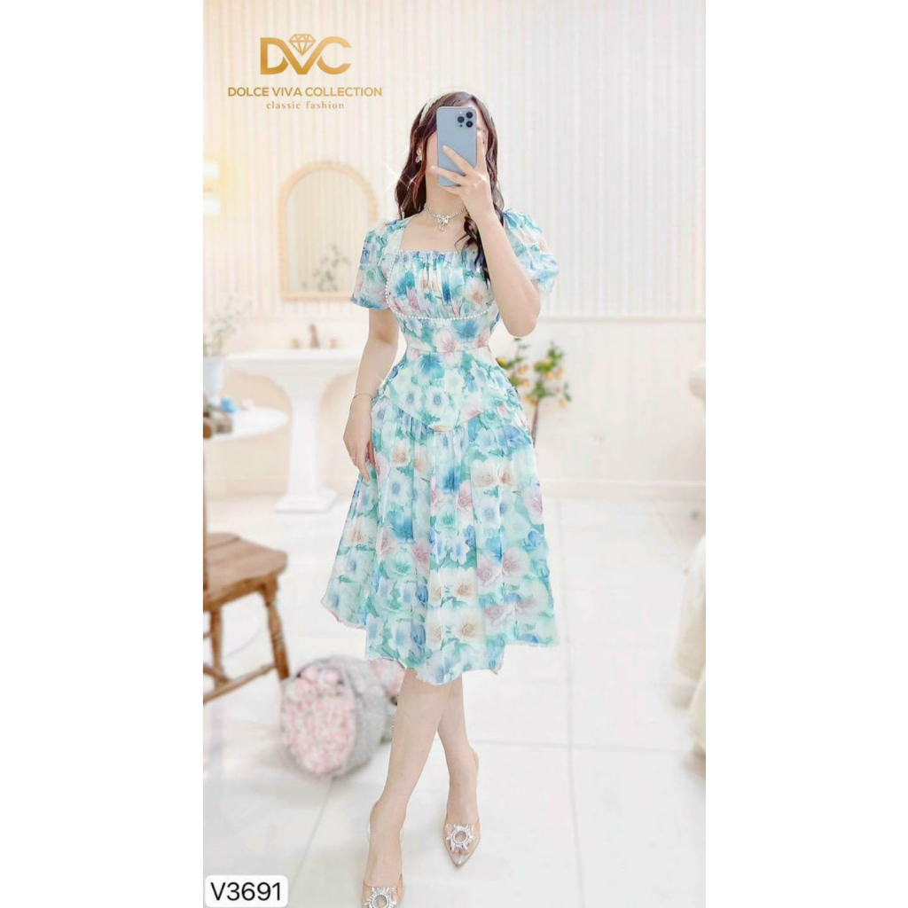 Đầm thời trang nữ dự tiệc chất voan hoa cổ vuông tay ngắn có mút chạy cườm ngực dáng váy xoè maxi 2 lớp sang chảnh