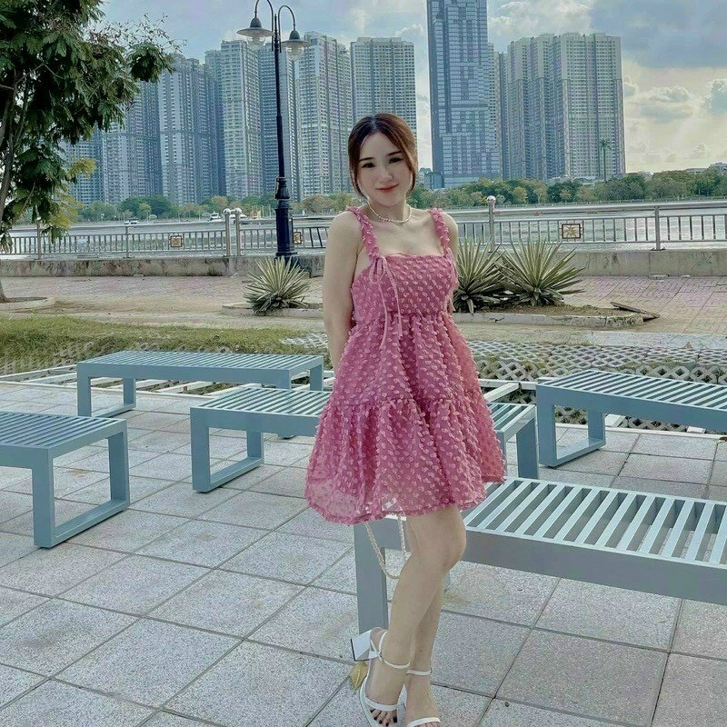 Đầm xô bông, thời trang nữ dự tiệc chất xô bông có mút cổ dây phối nơ ngực dáng váy dài xoè mini siêu xinh