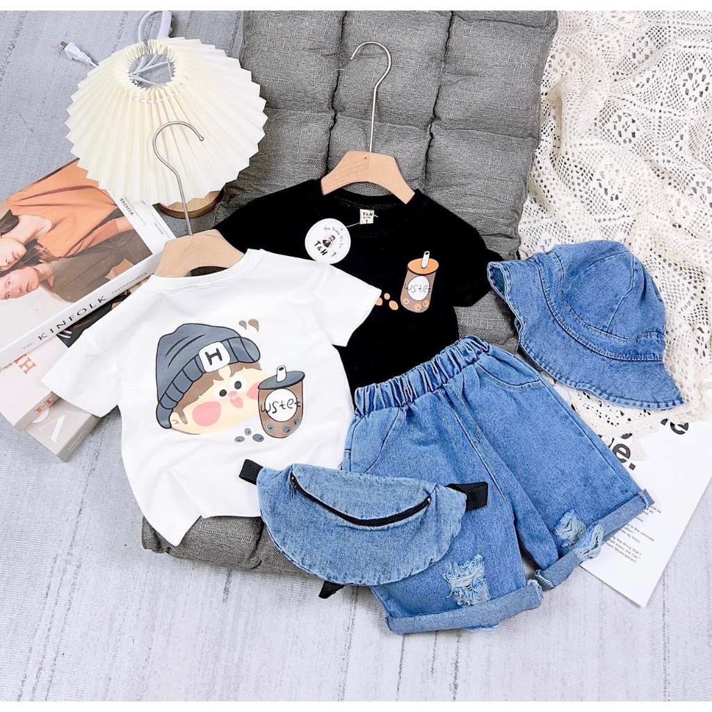 Sét bộ trà sũa áo cotton QC và quần zin bò  2 màu trắng và đen cho bé 9-22 kg , bộ đồ bé trai