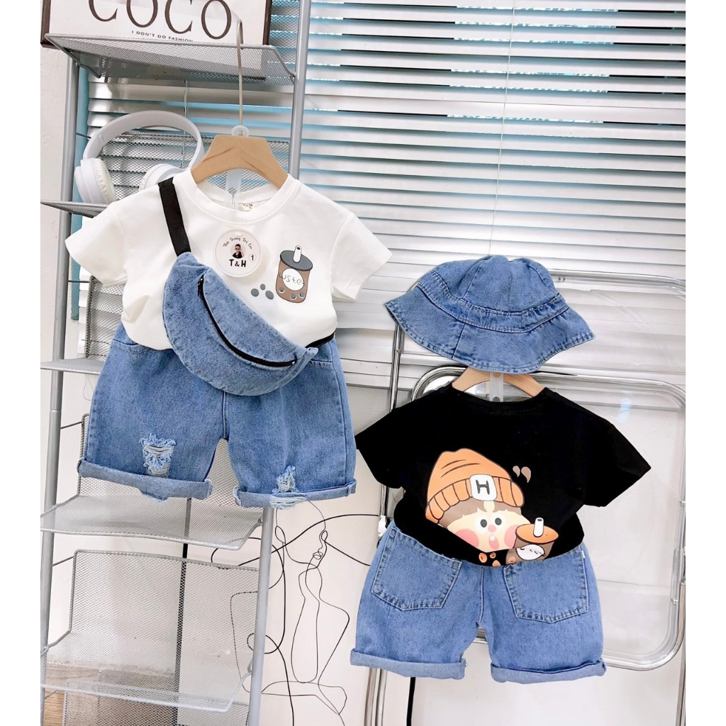 Sét bộ trà sũa áo cotton QC và quần zin bò  2 màu trắng và đen cho bé 9-22 kg , bộ đồ bé trai