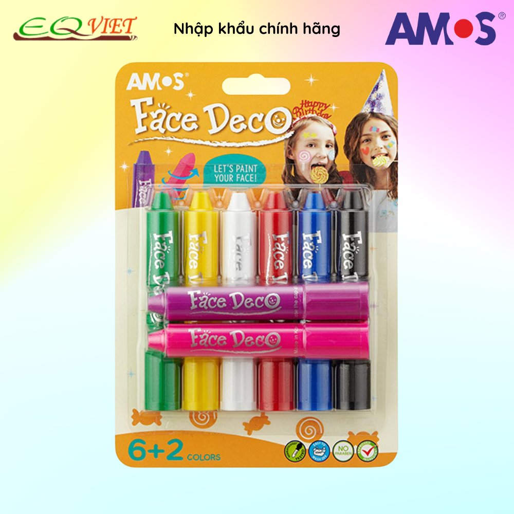 Bộ bút màu vẽ mặt nhập khẩu Hàn Quốc AMOS Face Deco FD5B8 Vỉ 6 + 2 màu