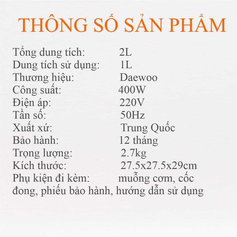 Nồi cơm điện đa chức năng 1L Daewoo DWRC-210MW công suất 400W, bảo hành 12 tháng