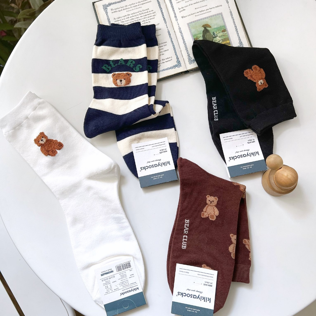 Tất vớ nam cổ cao BEAR CLUB, hoạ tiết gấu bông xù - Nhập khẩu Hàn Quốc
