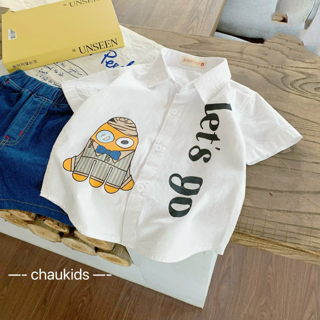 Quần áo bé trai, set áo sơ mi chất thô nến họa tiết Let's go kèm quần short bò cho bé