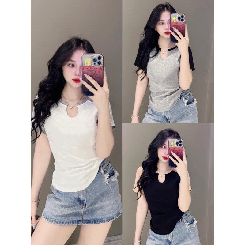 Áo Kiểu Dáng Ôm Nữ Tay Phối Cổ Giọt Nước Trơn