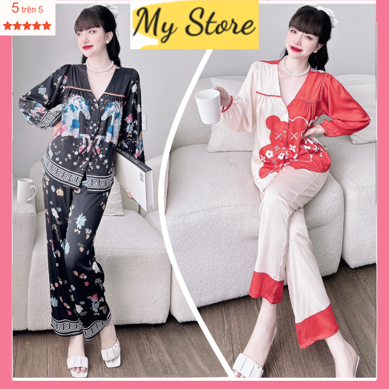 Bộ ngủ dài tay thời trang cao cấp size dưới 60kg, Đồ mặc nhà nữ quần dài lụa Latin in 3D tiểu thư dễ thương MY STORE