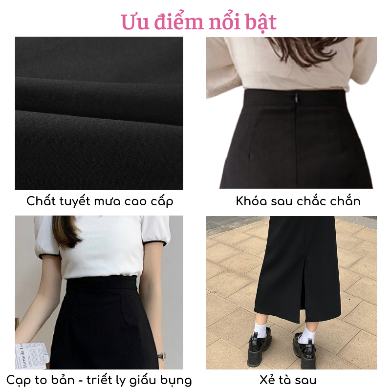 Chân váy dài LACHI công sở xẻ sau midi dáng dài qua gối phong cách trẻ trung năng động màu đen nâu có bigsize CV59