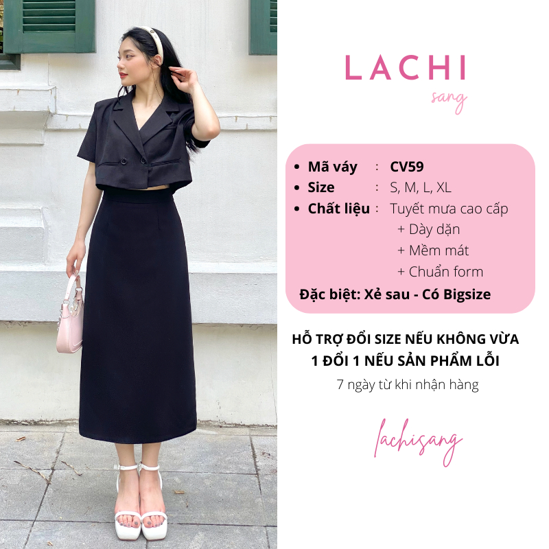 Chân váy dài LACHI công sở xẻ sau midi dáng dài qua gối phong cách trẻ trung năng động màu đen nâu có bigsize CV59