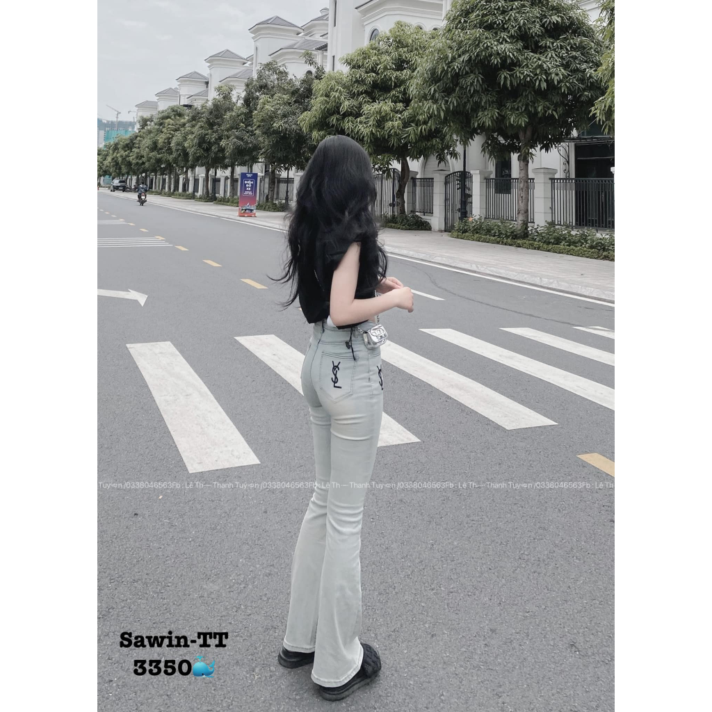Quần jeans loe dáng dài thêu Y.SL 3350
