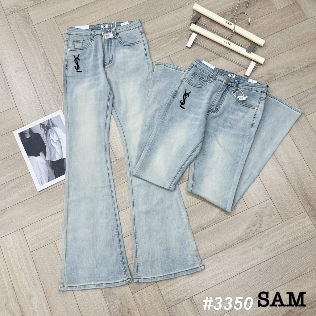 Quần jeans loe dáng dài thêu Y.SL 3350