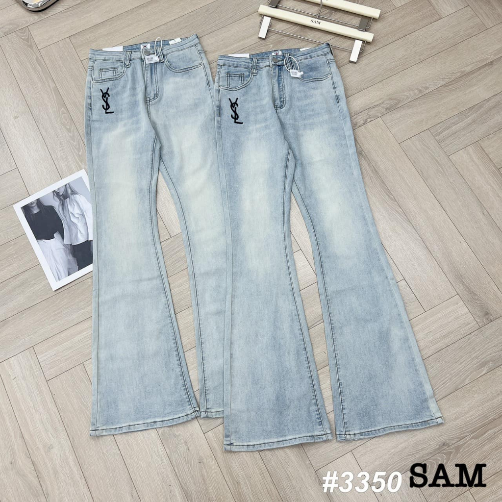 Quần jeans loe dáng dài thêu Y.SL 3350