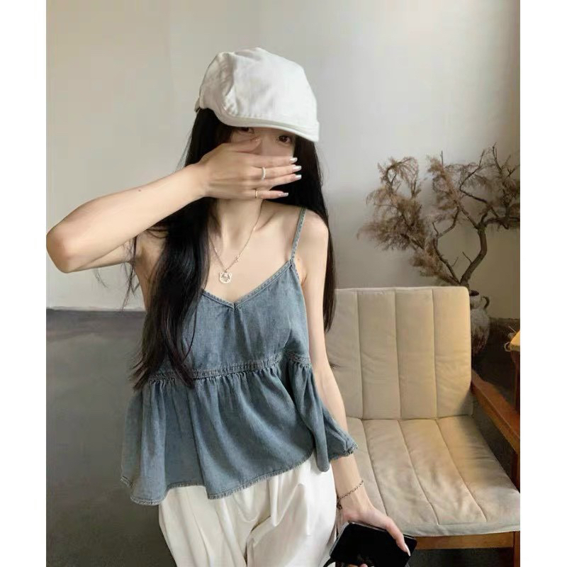 Áo 2 dây babydoll denim hottrend
