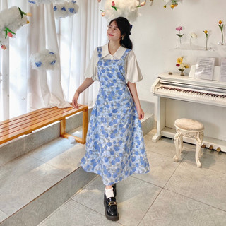 [GIẢM 80K ĐƠN 0K] Đầm yếm hoa thô cotton form xoè dài (Đầm yếm DUYÊN)
