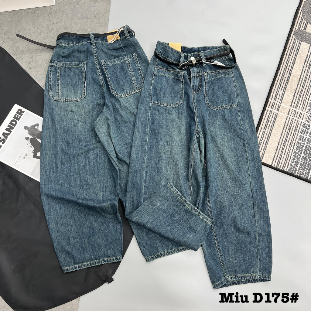 Quần jeans bò giấy cạp cao kèm đai D175
