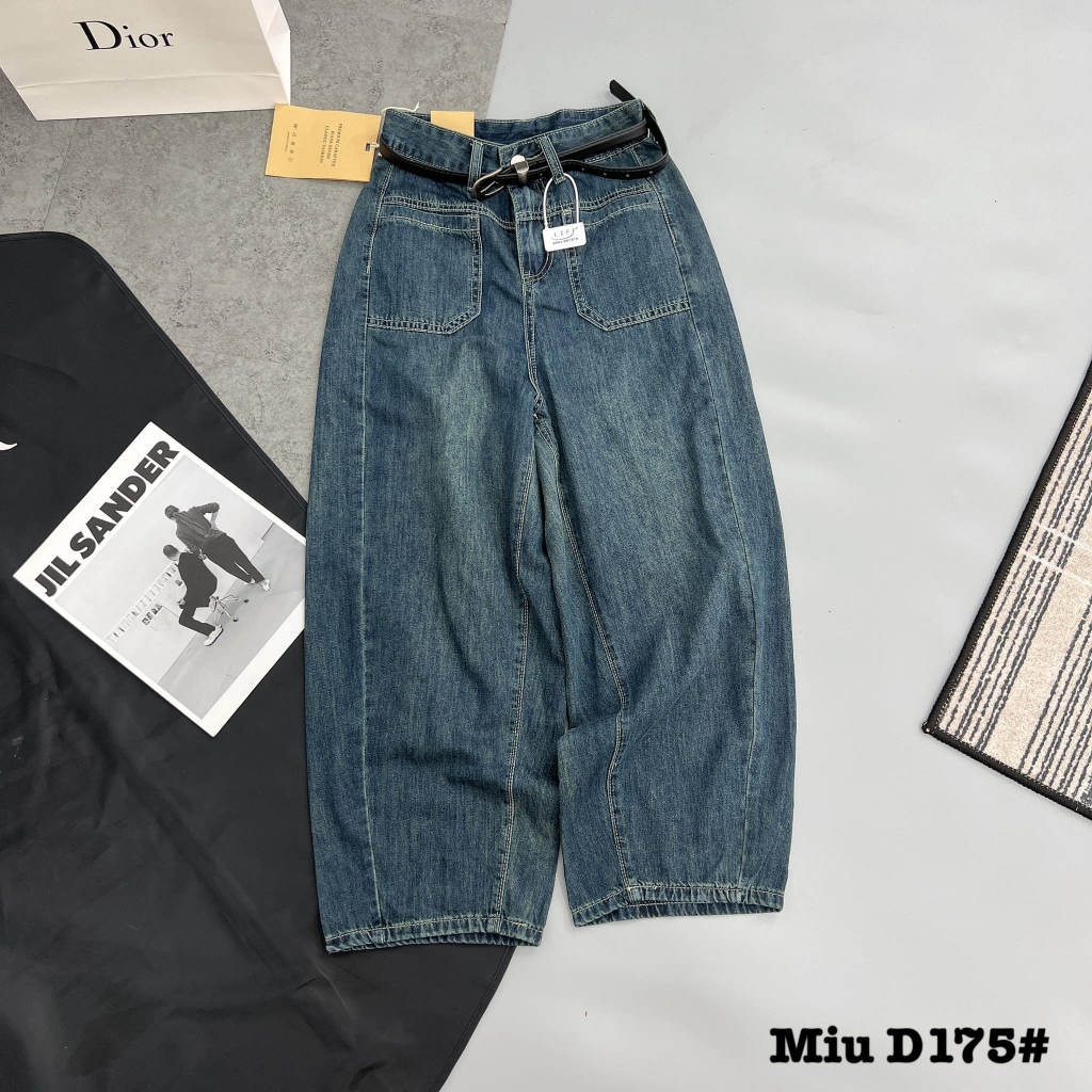 Quần jeans bò giấy cạp cao kèm đai D175