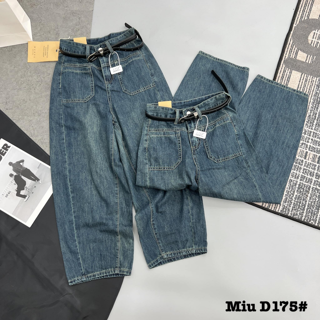Quần jeans bò giấy cạp cao kèm đai D175