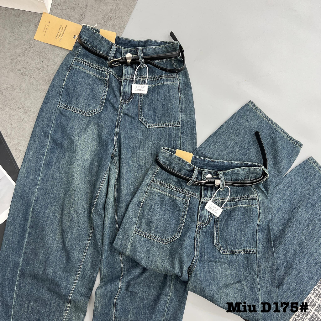 Quần jeans bò giấy cạp cao kèm đai D175