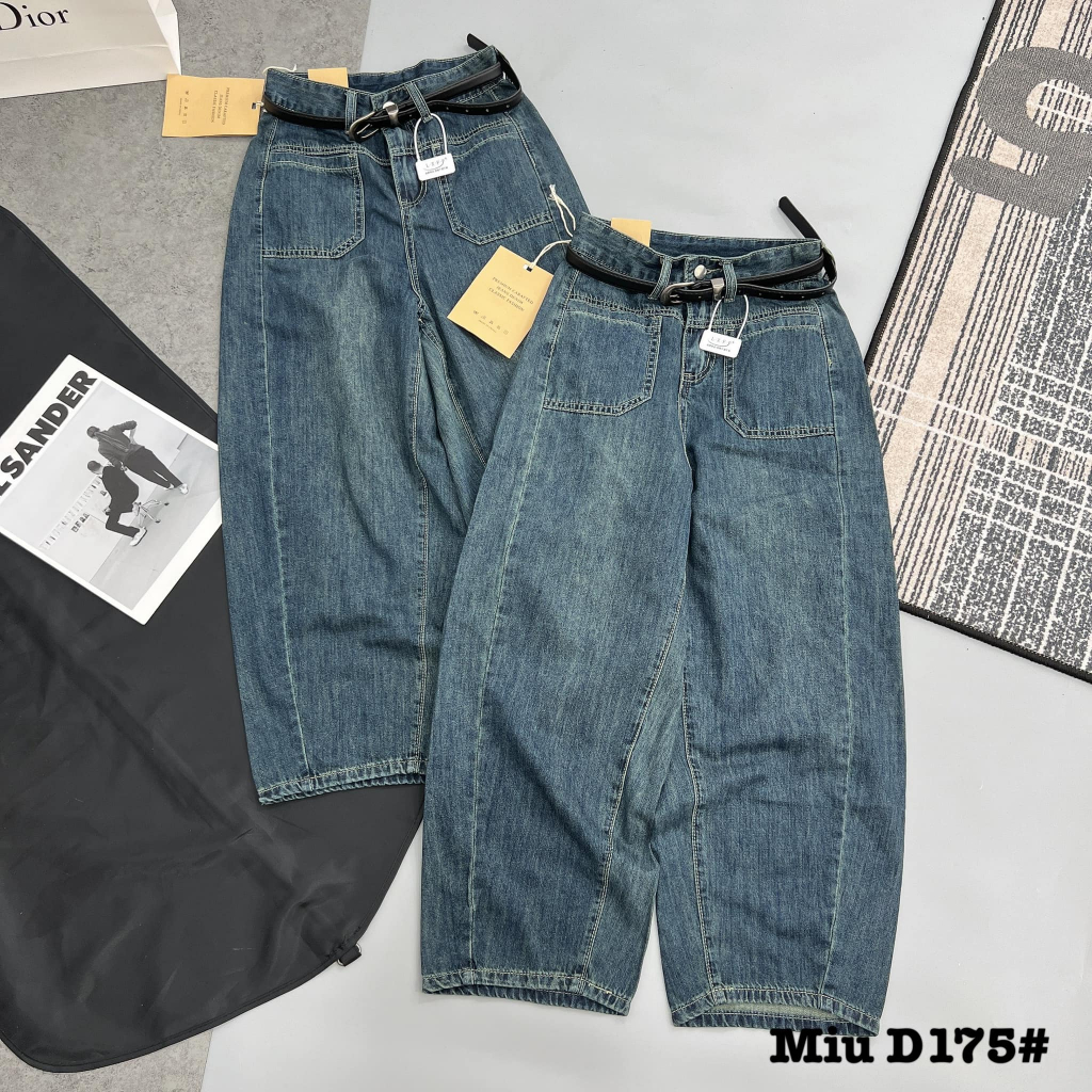 Quần jeans bò giấy cạp cao kèm đai D175