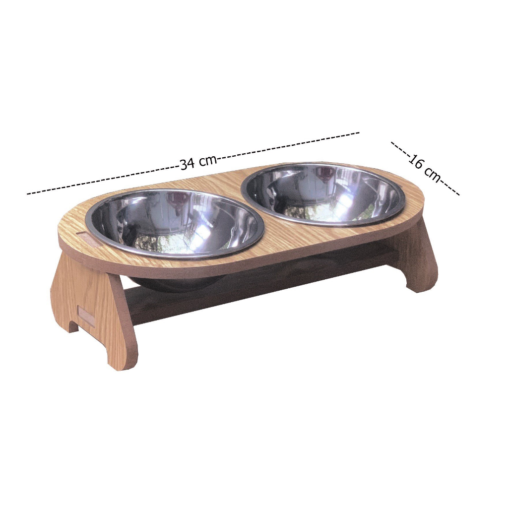 Bát Ăn Cho Chó Mèo Bằng Gỗ Gồm 2 Ngăn & 2 Bát Inox Tháo Rời, Bát Ăn Chống Gù 34cmx16cm - Pet Max
